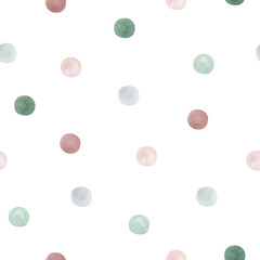 Watercolor abstract seamless pattern with pastel geometric shapes. Freehand aesthetic background with polka dot. Round drop collage perfect for baby fabric textile, wrapping paper, cover, wallpaper
