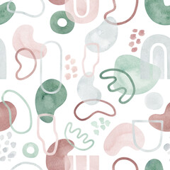 Watercolor seamless pattern with modern abstract shapes and gold leaf. Aesthetic modern background with freehand geometric forms. Stile design for textile, wallpaper, logo, template.