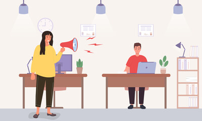 The personnel management concept. Female boss yelling at her subordinate in the office. Flat cartoon vector illustration.
