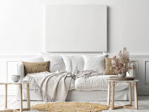 Mockup poster frame on the wall, a white sofa in Scandinavian Livingroom, 3d rendering, 3d illustration