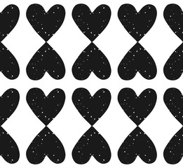 Valentine's Day block print seamless pattern with grunge textured black heart shaped ornament on white background
