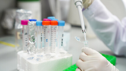 Science laboratory test tubes , laboratory equipment Coronavirus covid-19 vaccine reseach.