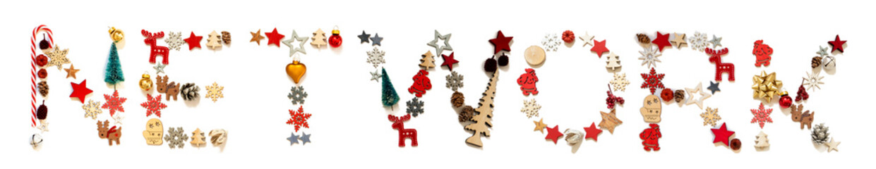 Colorful Christmas Decoration Letter Building English Word Network. Festive Ornament Like Christmas Tree, Star And Ball. White Isolated Background