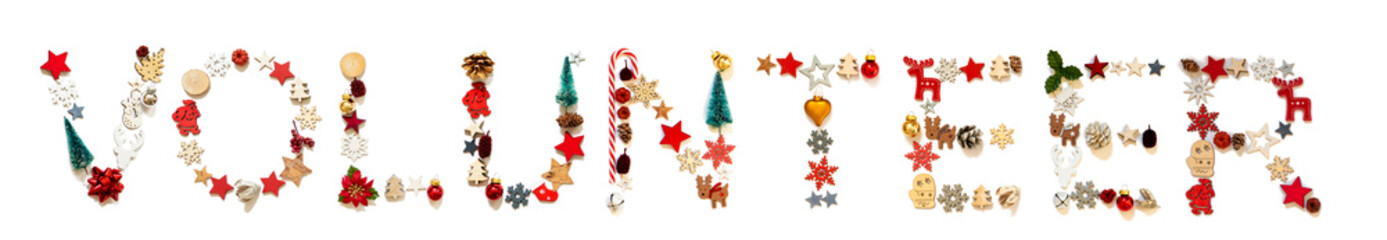Colorful Christmas Decoration Letter Building English Word Volunteer. Festive Ornament Like Christmas Tree, Star And Ball. White Isolated Background
