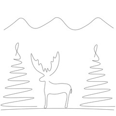 Christmas background forest landscape with trees and deer drawing, vector illustration