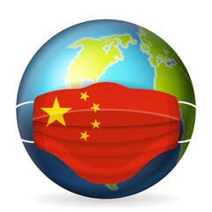World globe with medical mask China flag