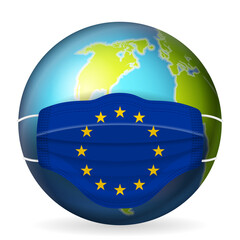 World globe with medical mask EU flag