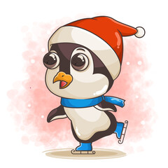 cute penguin cartoon character playing ice skating vector illustration
