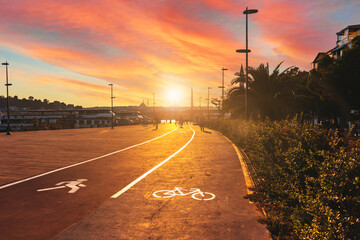 pedestrian and cycling paths in Istanbul, Turkey at sunset