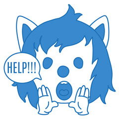 emoticon with a cool scared wolf with both palms to his mouth and screams Help, color vector clip art on isolated background