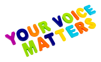 Text YOUR VOICE MATTERS on a white background