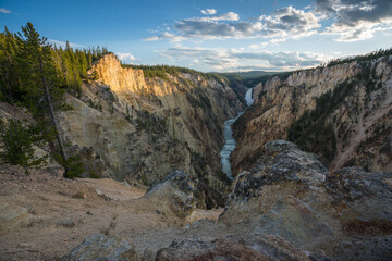 lower falls of the yellowstone national park from artist point at sunset, wyoming, usa