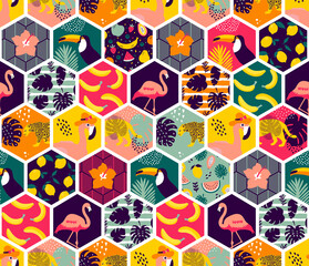 Tropical hexagon pattern - seamless exotic floral elements and jungle animals background - surreal tropical elements