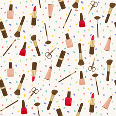 Feminine beauty tools seamless pattern - colorful makeup repeat print design