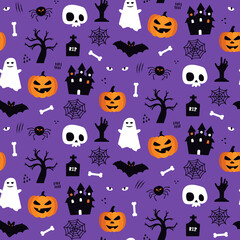 Halloween seamless pattern background design with pumpkin lantern, ghost, skull, spider, and other scary or festive elements on purple background