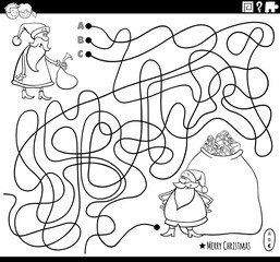 line maze with Santa characters coloring book page