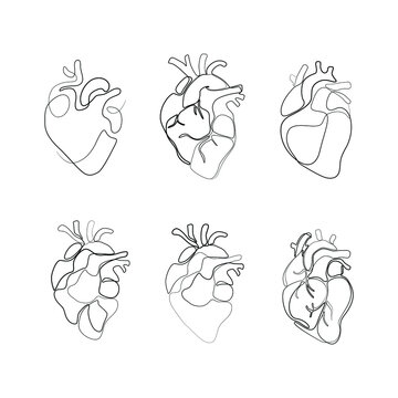 Heart continuous line drawing icons set, isolated vector illustration, human heart small tattoo, print and logo design, single line on a white background.