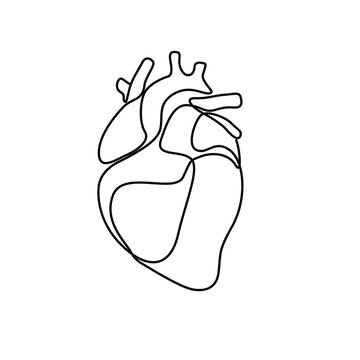 Heart continuous line drawing, isolated vector illustration, human heart small tattoo, print and logo design, single line on a white background.