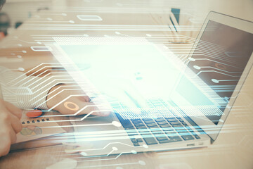 Businessman working on Laptop with technology theme drawing. Concept of big data. Double exposure.