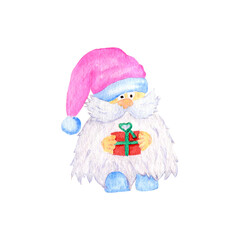 Watercolor illustration of a gnome with a gift and a pink hat. fairy hero. Christmas and New Year 2021. Isolated on white background Design for postcards, banners, icon.