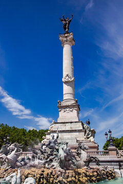 FRANCE, BORDEAUX, MAY, 19, 2019 - Majestic monument to the Girondins - 43-meter column with sculptures at the foot on place des Quinconces, Bordeaux, France