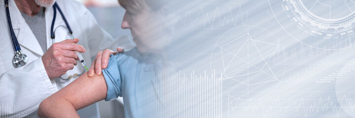 Doctor giving vaccin injection to patient; panoramic banner