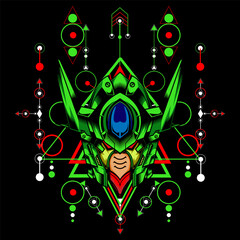 Green Robot with sacred geometry background