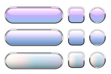 Shiny buttons set, glossy isolated icons with metallic chrome elements pearl opalescent, vector illustration.