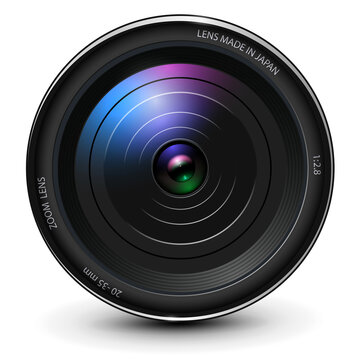 Camera photo lens 3D realistic icon, vector illustration.