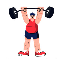 Naklejka na ściany i meble Obese man lifting weight during workout. Healthy lifestyle, weight loss, muscle gain, bodybuilding concept. Cartoon vector illustration. Male person lifting a barbell