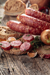 Dry-cured sausages with herbs and spices.