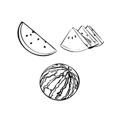 Vector illustration of a watermelon on a white isolated background. Shop sketch, banner, menu, and logo. Black and white outline. EPS 10