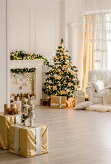 Christmas decorations - two retro wine glasses and blury bokeh background with fir-tree, fireplace, white armchair gift boxes and garlands in bright room - New Year composition