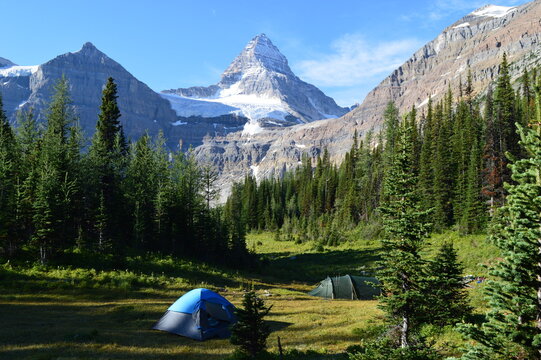 Climbing, hiking and camping at the Mount Assiniboine National Park in the Rocky Mountains between Alberta and British Columbia in Canada