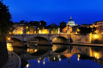 Bridge of Victor Emmanuel II and Basilica of St.Peter at night, Rome, Italy