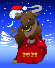 New year greeting card. The bull in the image of Santa Claus.