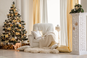 New Year decorated interior - bright room with Christmas decoration - fir-tree, white pedestal, white armchair and hide rug - holiday room interior