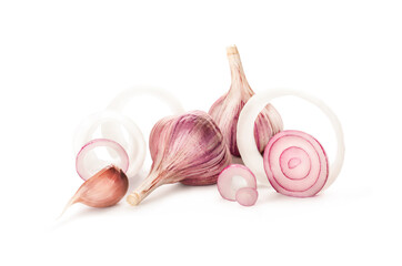 Garlic head and cloves with onion rings - spicy vegetarian ingredients composition - photo of natural healthy food on white background