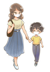 手を繋いでお出かけするマスク着用の笑顔の親子2