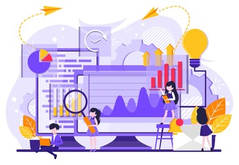 Data analysis concept. Teamwork of business analysts on holographic charts and diagrams of sales management statistics and operational reports, key performance indicators. tiny people illustration