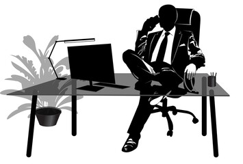 Silhouette of businessman talking on the phone at his desk