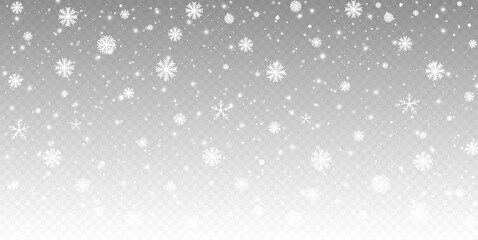 Vector heavy snowfall, snowflakes in different shapes and forms. Many white cold flake elements on transparent background. White snowflakes flying in the air. Snow flakes, snow background.