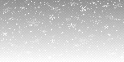 Vector heavy snowfall, snowflakes in different shapes and forms. Many white cold flake elements on transparent background. White snowflakes flying in the air. Snow flakes, snow background.