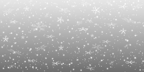 Vector heavy snowfall, snowflakes in different shapes and forms. Many white cold flake elements on transparent background. White snowflakes flying in the air. Snow flakes, snow background.
