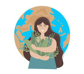 The girl holds the grass in her hands, against the background of our planet. The concept of love, care and preservation of a healthy Earth. World Environment Day. Vector illustration for poster