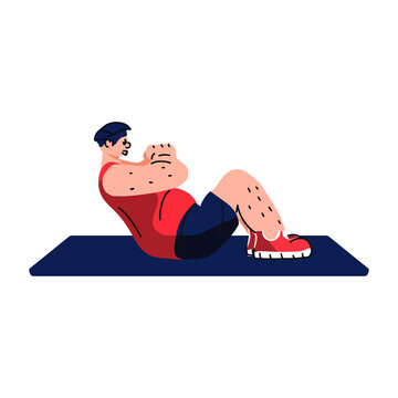 Overweight man doing abdominal exercise. Healthy lifestyle, weight loss concept. Flat hand drawn vector illustration. Male person doing crunches. Belly burn workout