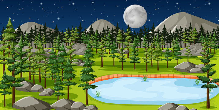Nature park with lake landscape at night scene