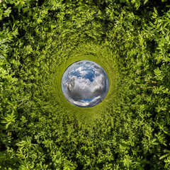 Inversion of blue tiny planet transformation of spherical panorama 360 degrees. Spherical abstract aerial view on green grass field with awesome beautiful clouds. Curvature of space.