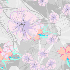 Pink Flowers Blooming Pattern. Pastel Watercolor.