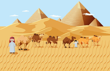 Camels in desert with pyramid background landscape scene